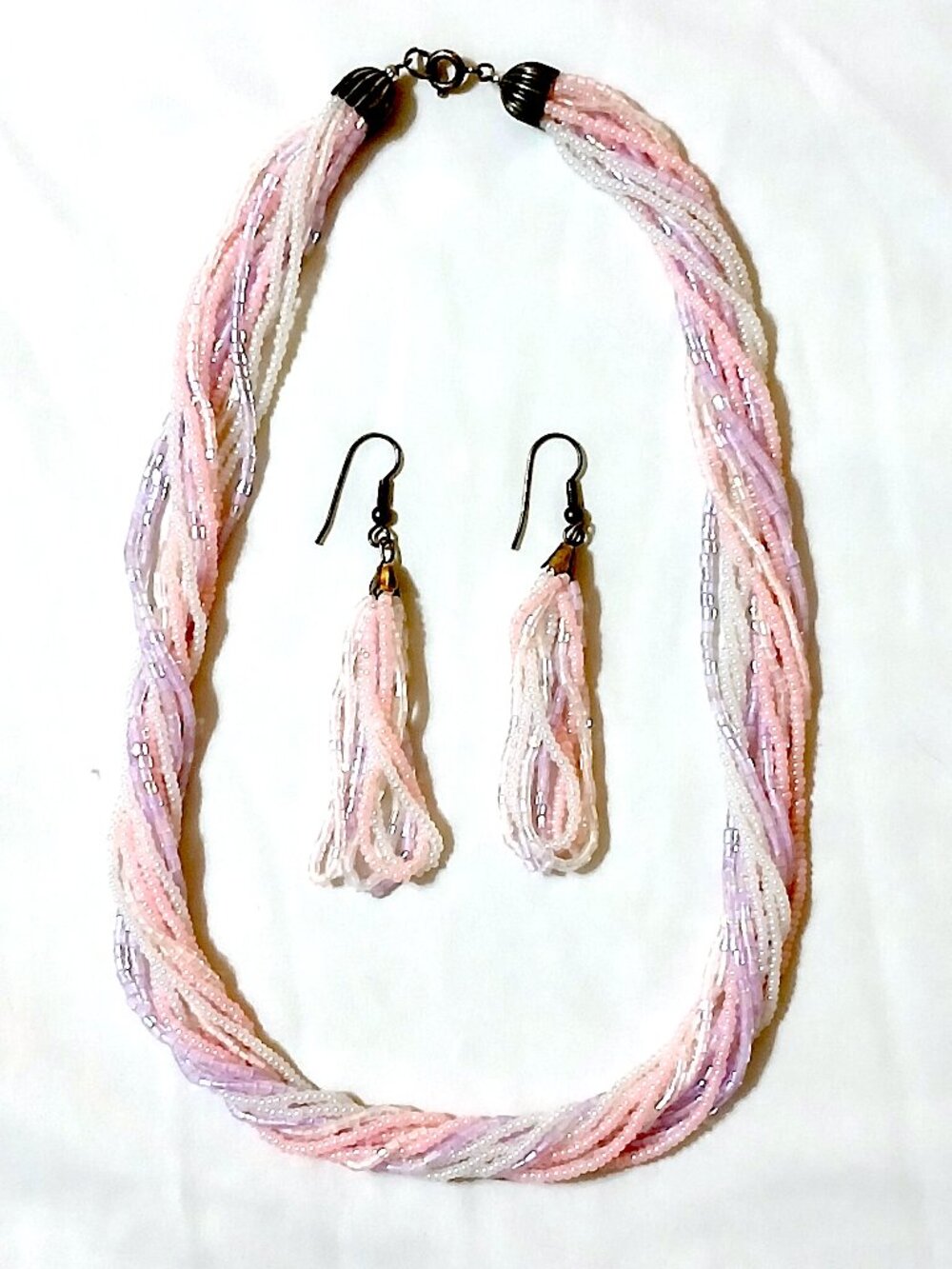 12-Strand Pink Lavender White Beaded Necklace & Earrings Set 19.5"
